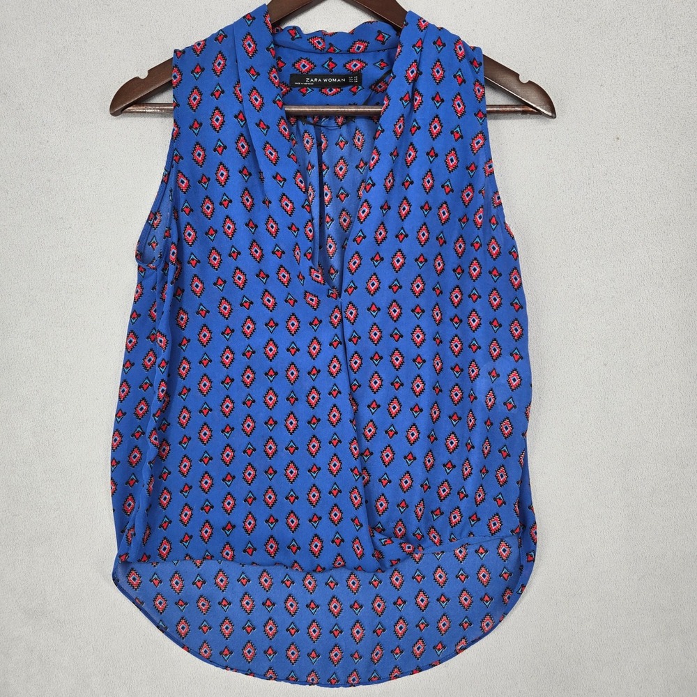 Zara XS Geometric Diamond Print Sleeveless Surplice Blouse Womens Boho Blue
